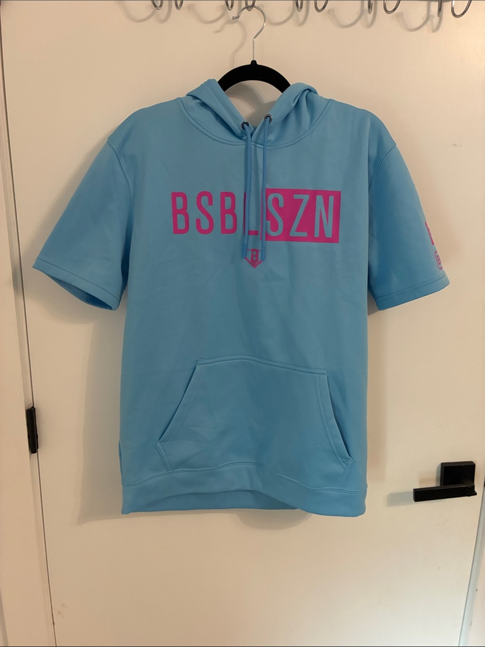 BSB SZN Short-Sleeve Hoodie in Light Blue with Pink Graphic